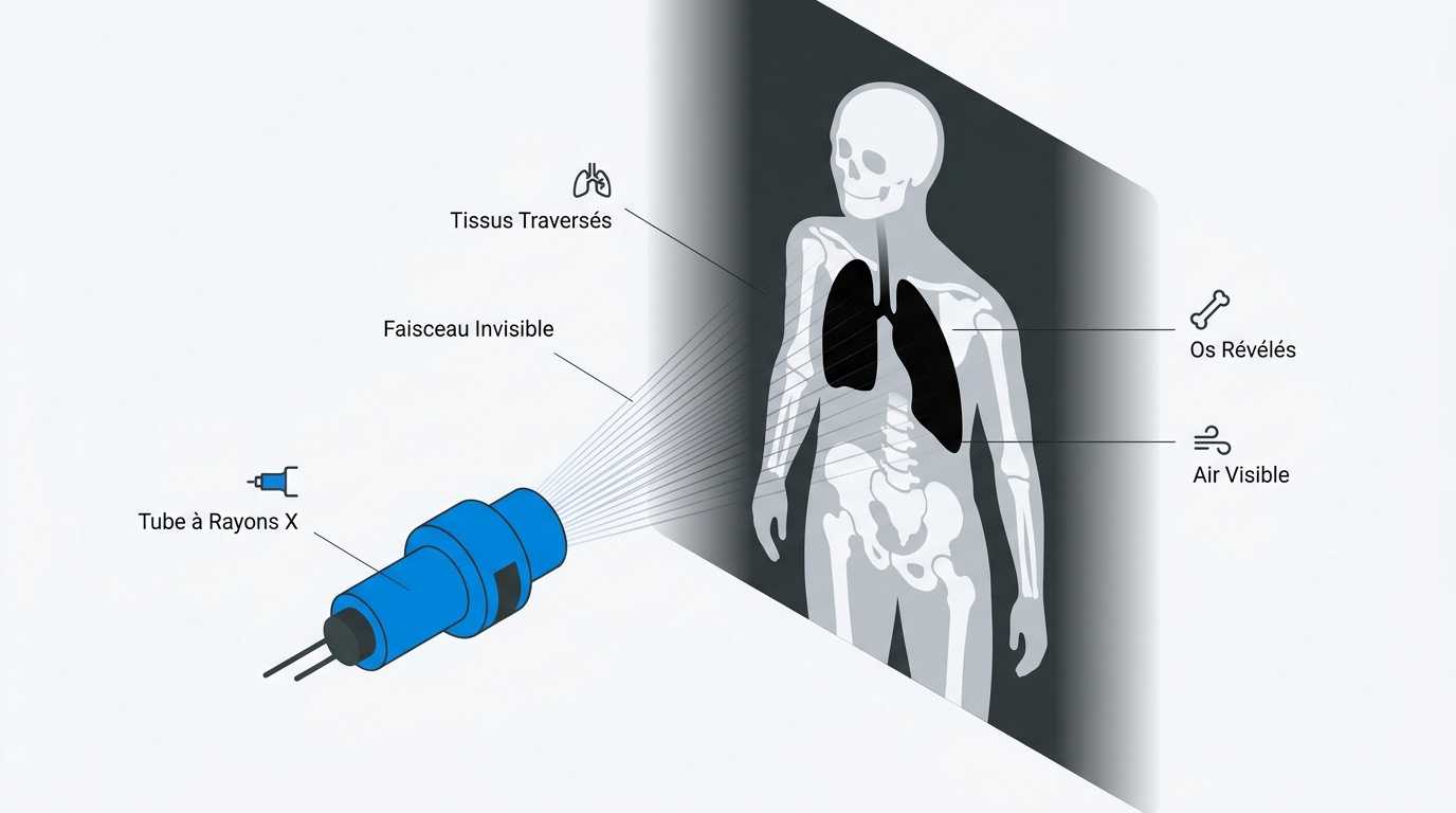Schéma technique illustrant le fonctionnement de la production de rayons X et la capture d'image radiographique