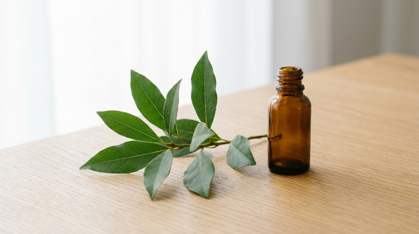 Rameau de feuilles aromatiques et flacon d’huile essentielle en verre ambré sans étiquette