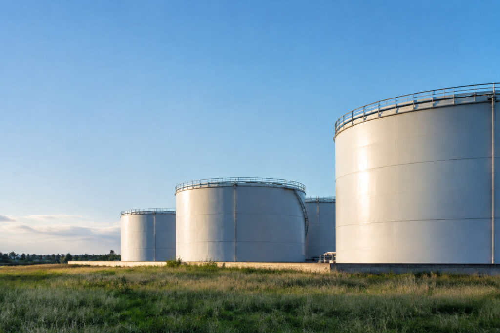 Trois grandes citernes industrielles blanches sous un ciel bleu dégagé.