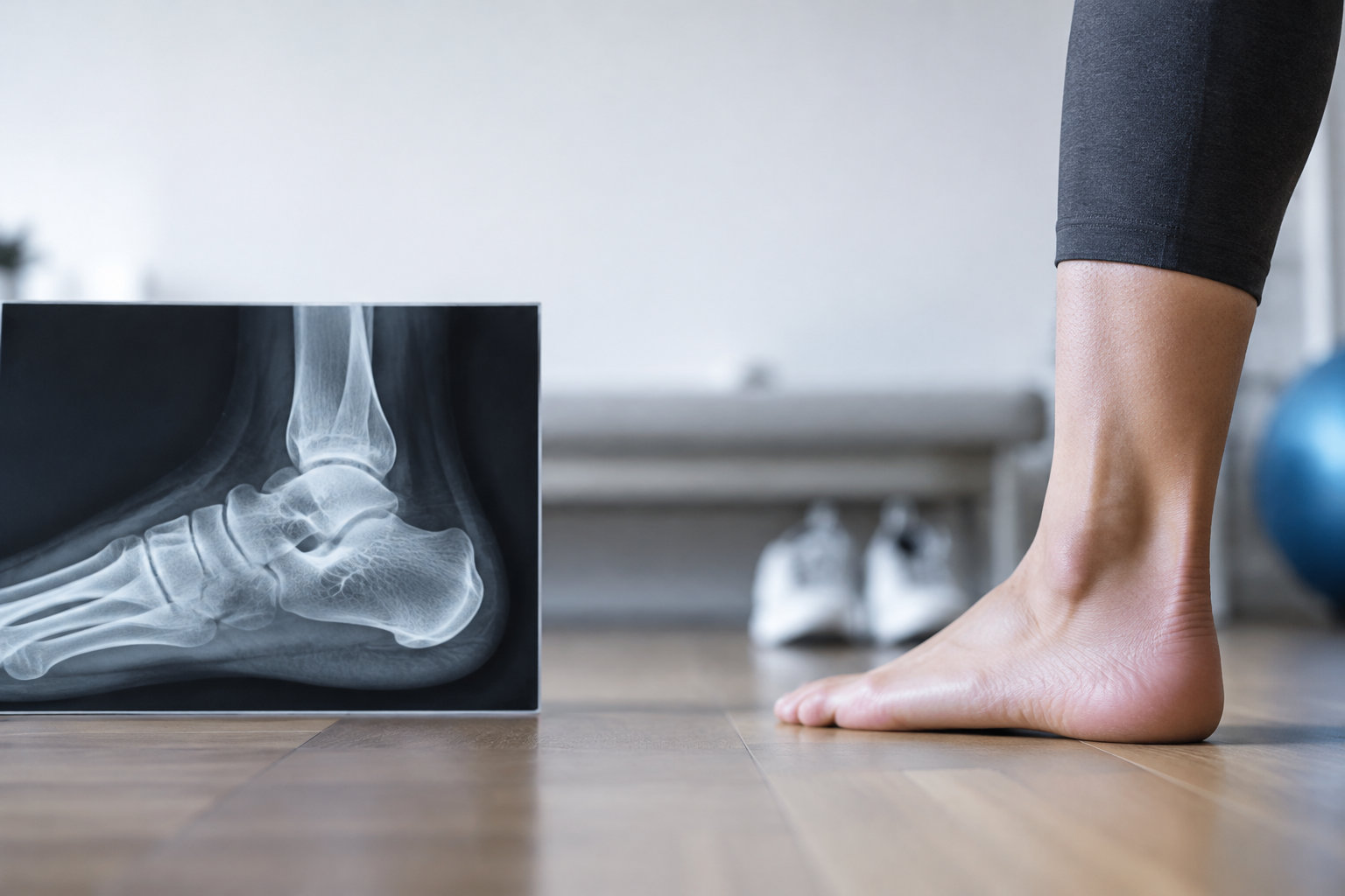 Une radiographie du pied posée à côté du pied nu d'une personne dans un cabinet médical ou une salle de sport.