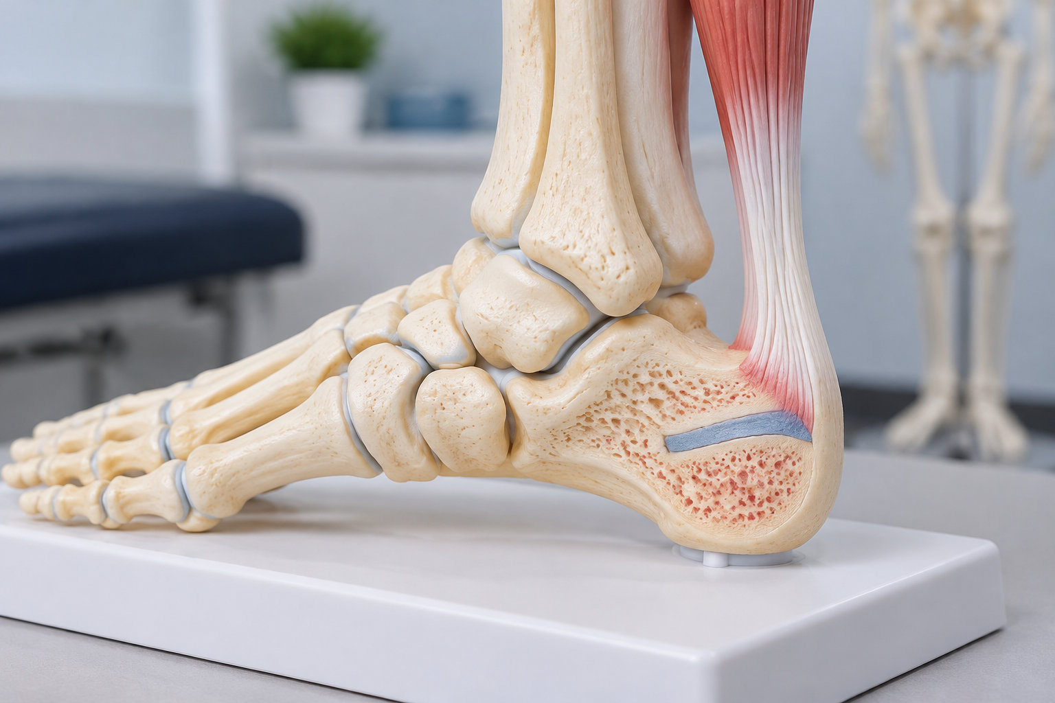 Modèle anatomique d’un pied et d’une cheville montrant les os et les tendons, posé sur un socle blanc dans une salle de consultation.