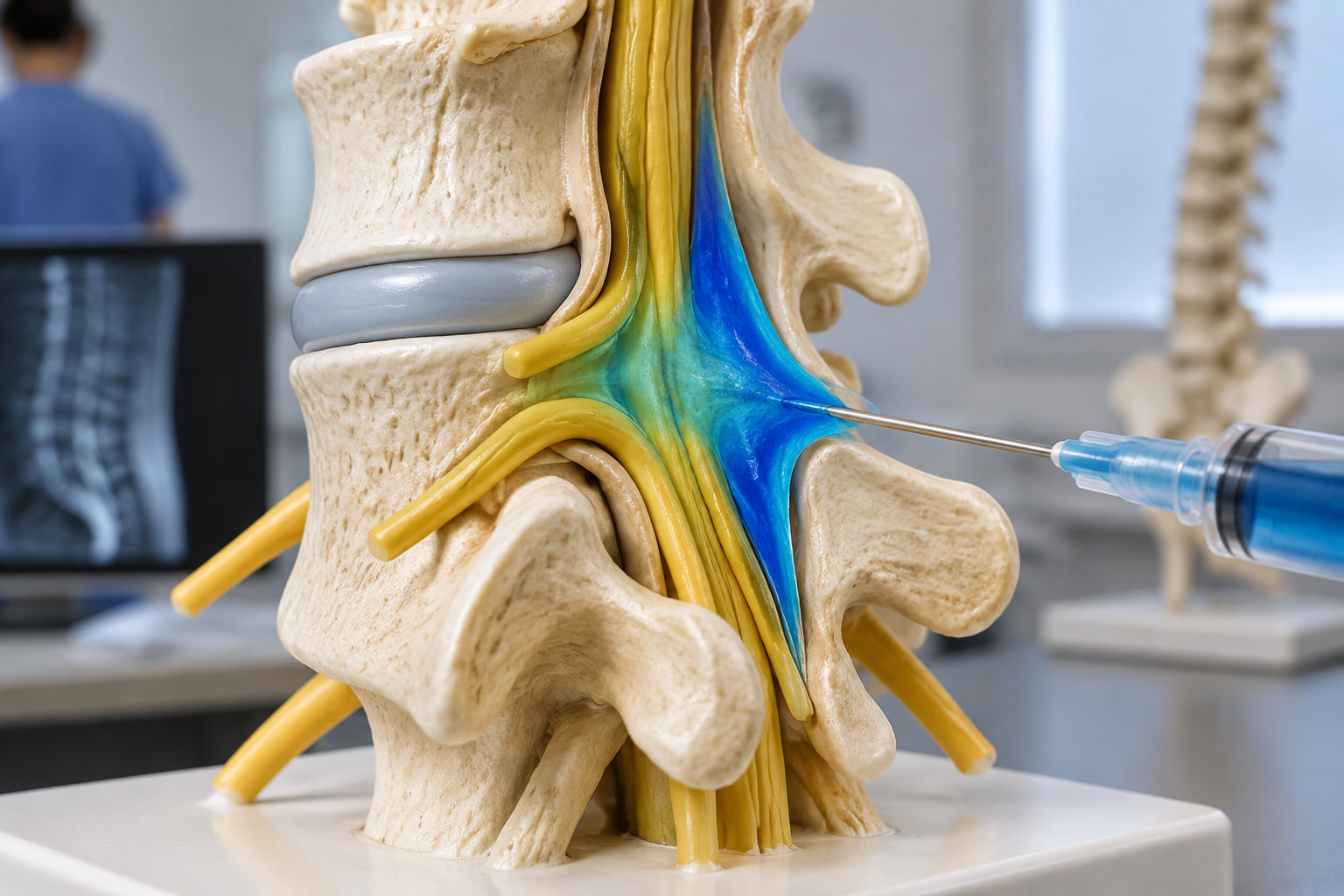 Une aiguille de seringue pointe une structure bleue sur une maquette de vertèbres et de nerfs, dans une salle de cours médicale.