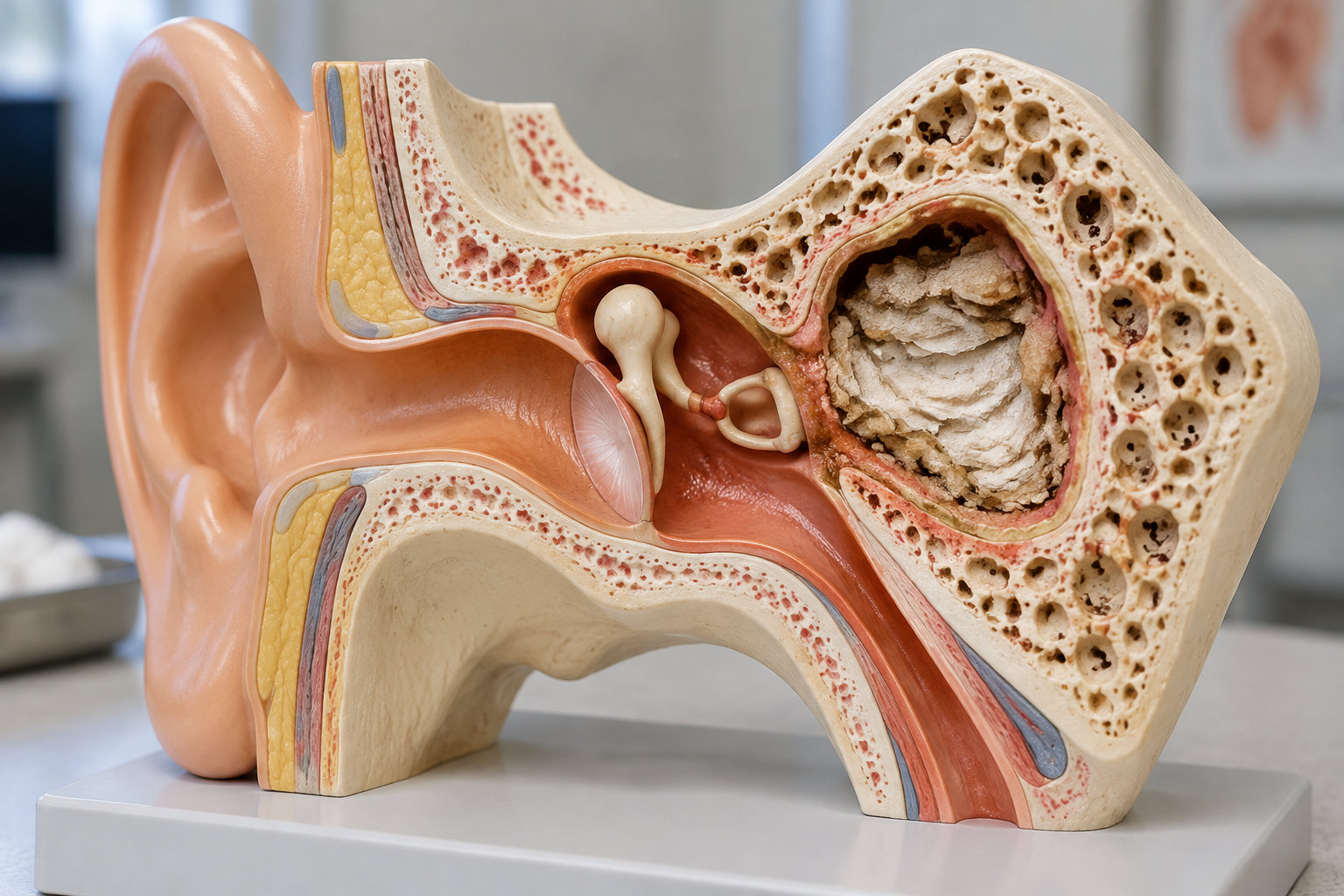 Une maquette anatomique en coupe d’une oreille, avec le conduit auditif et les structures internes, est posée sur un socle.