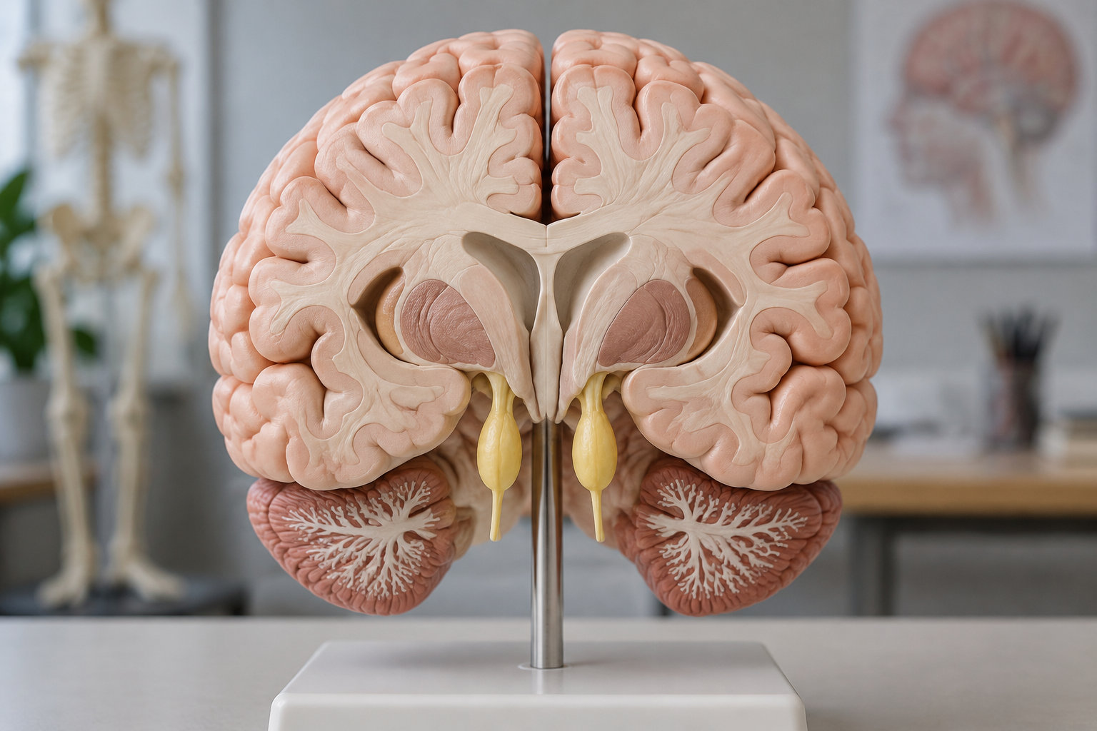 Une maquette anatomique en coupe d’un cerveau est présentée sur un support dans une salle où l’on distingue un squelette et une affiche anatomique en arrière-plan.