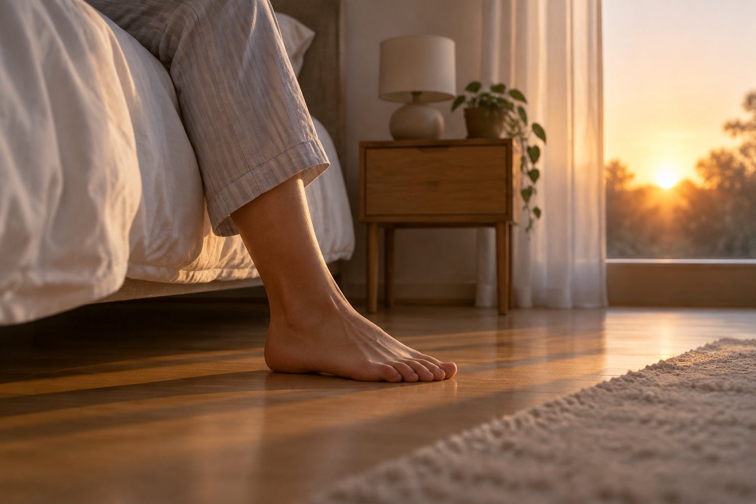 Une personne en pyjama pose un pied nu sur le parquet d’une chambre baignée par la lumière du soleil levant.
