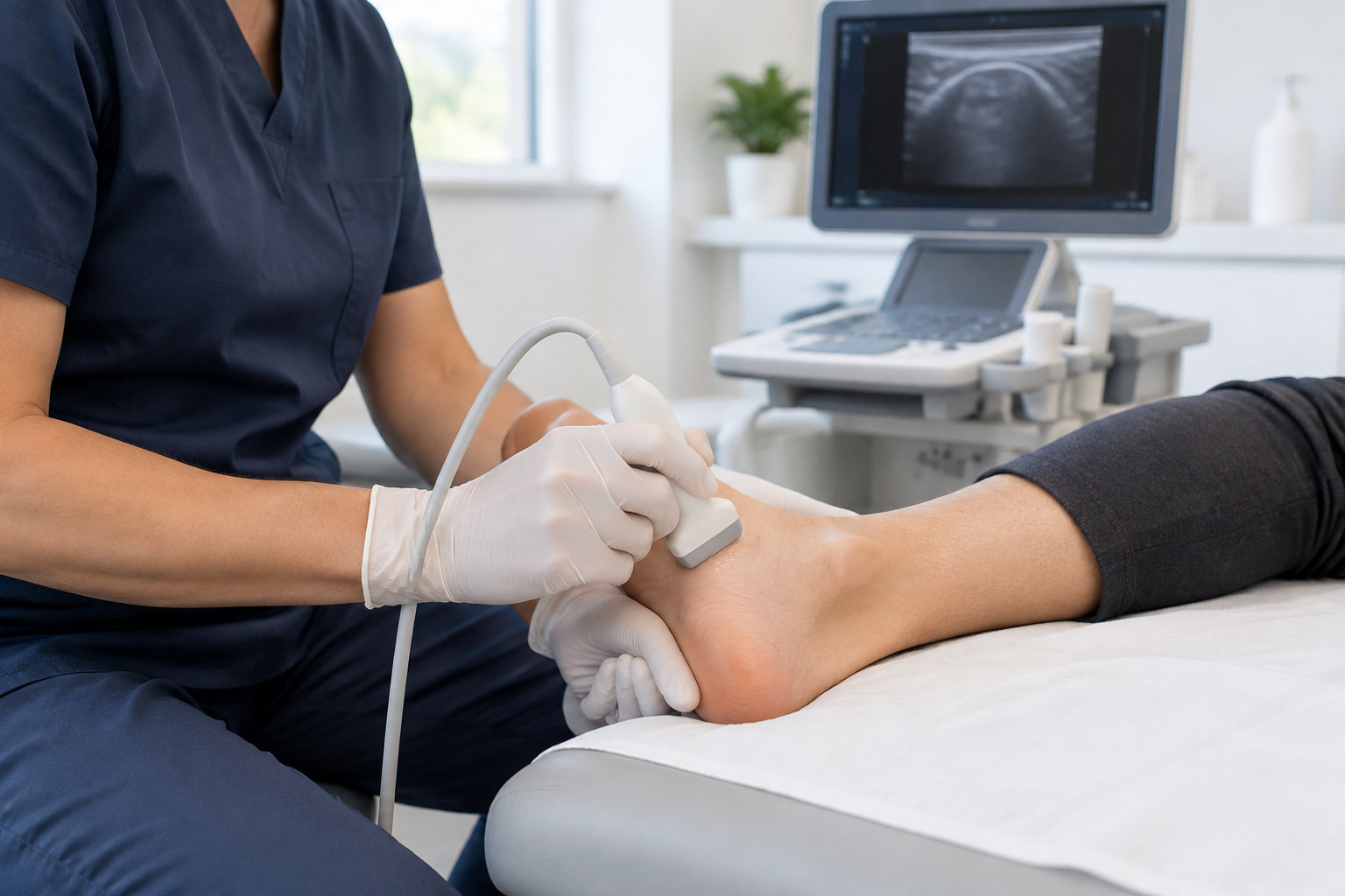 Un professionnel de santé examine le pied d’un patient avec une sonde d’échographie dans un cabinet médical.