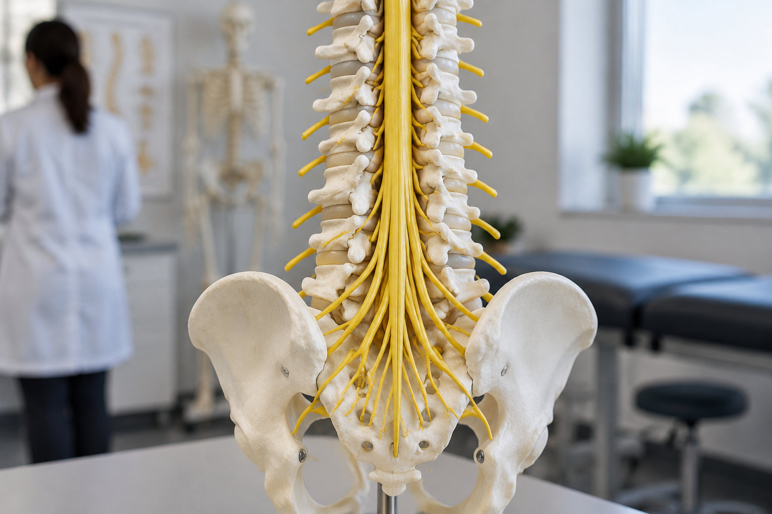 Une maquette de la colonne vertébrale, du bassin et des nerfs jaunes est exposée dans une salle médicale, avec une personne en blouse blanche en arrière-plan.