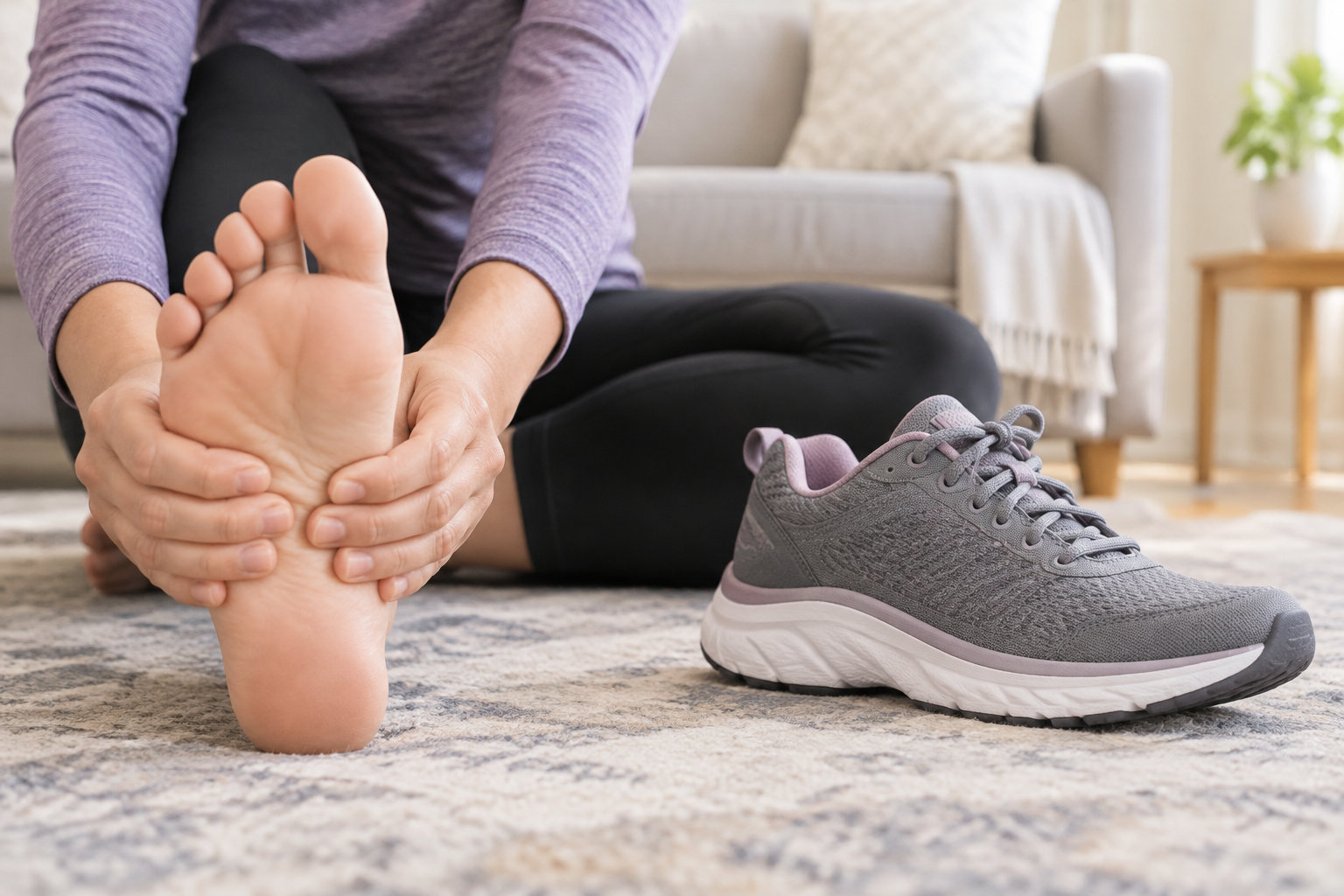 Une personne assise sur un tapis tient son pied nu près d’une chaussure de sport grise posée au sol.
