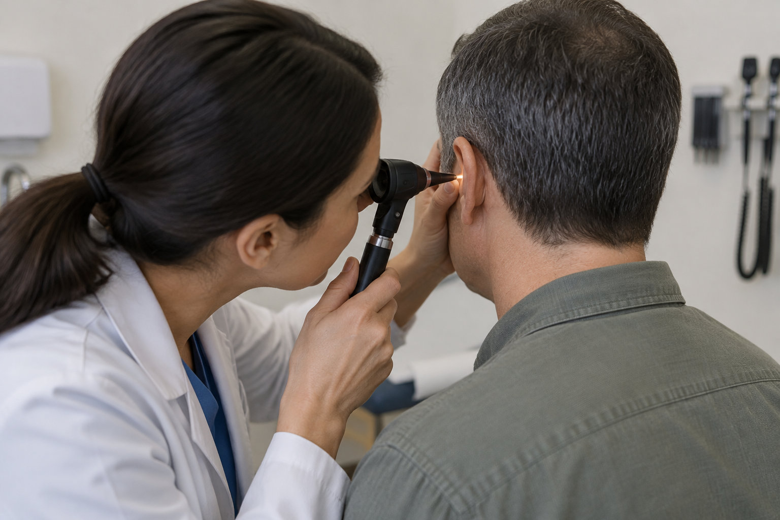 Une médecin examine l’oreille d’un patient à l’aide d’un otoscope dans un cabinet médical.