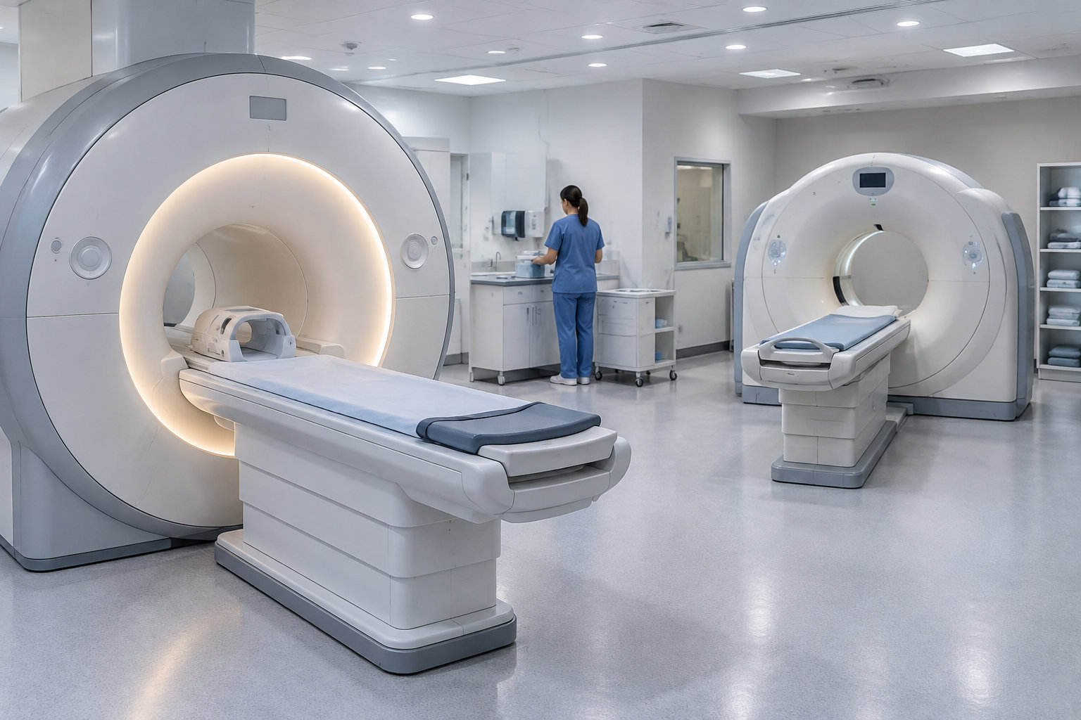 Deux appareils d’imagerie médicale avec leurs tables sont installés dans une salle d’examen, où une personne en tenue médicale se tient près d’un comptoir.