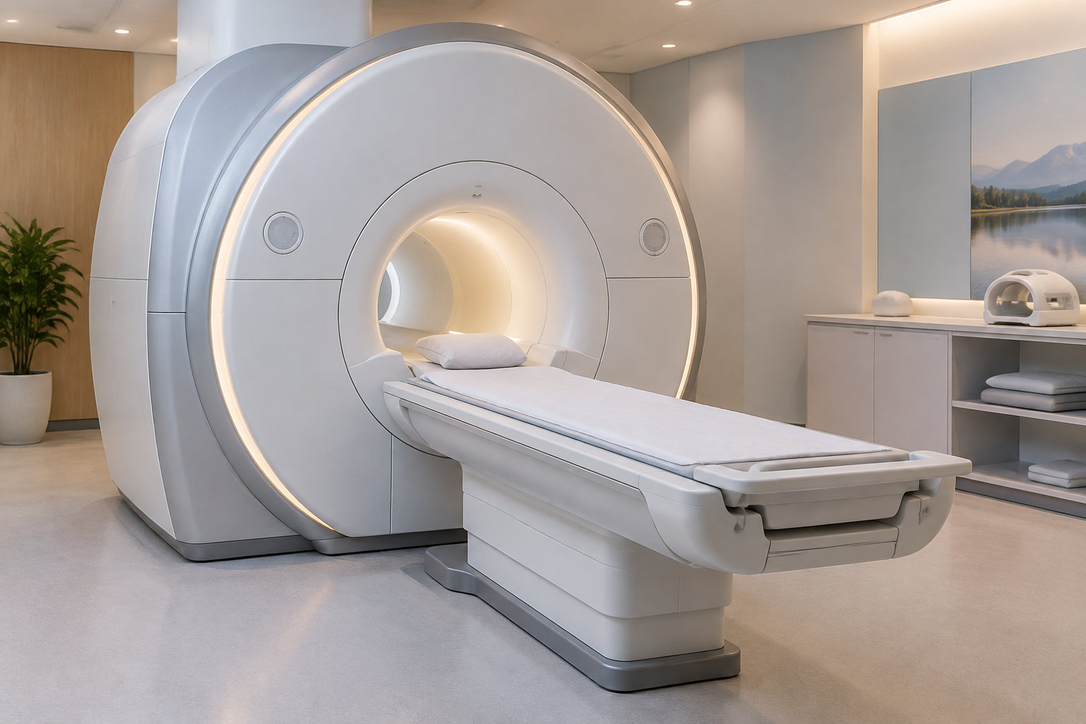 Un appareil d’imagerie médicale avec une table de patient se trouve dans une salle claire et épurée.