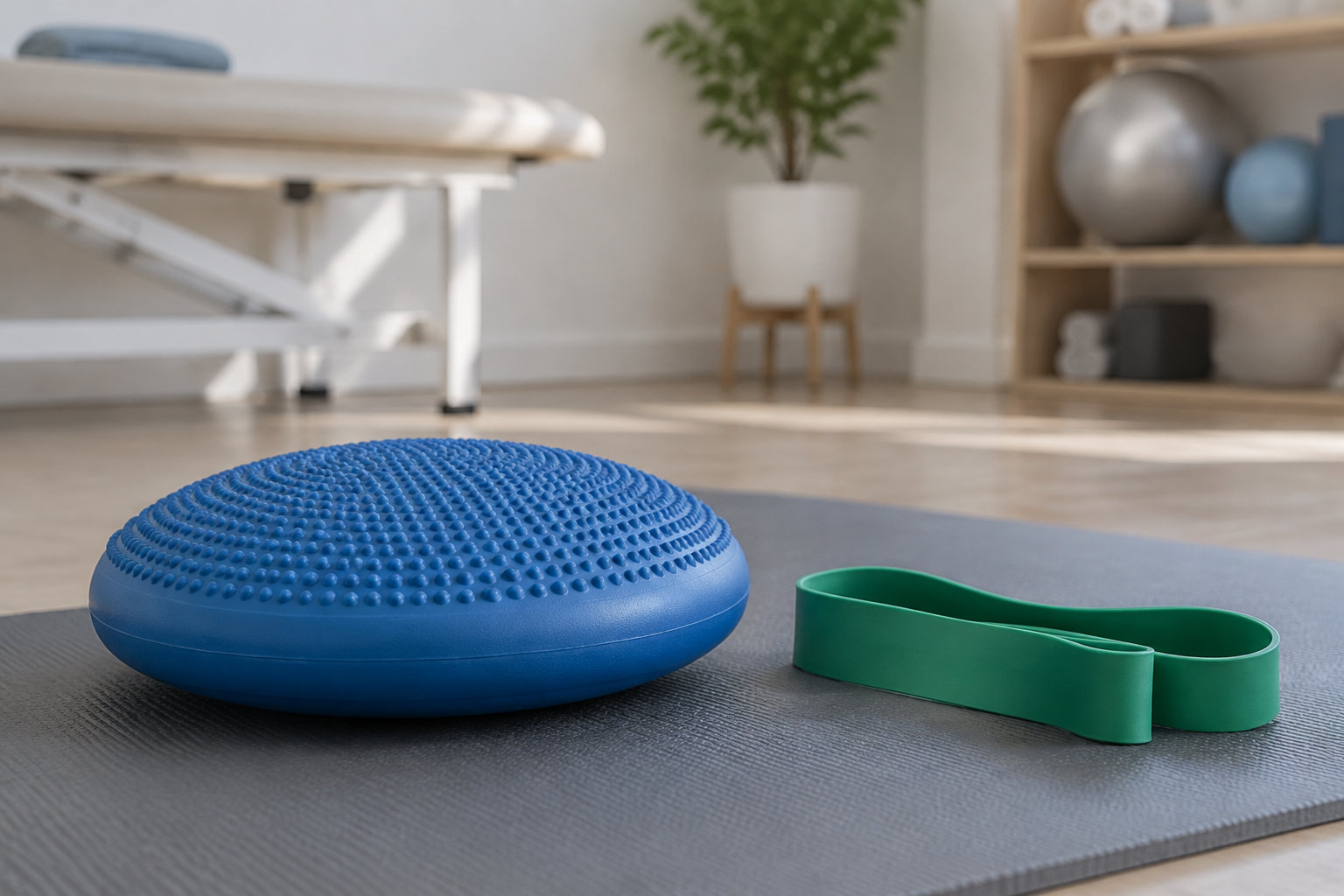 Un coussin d’équilibre bleu et une bande élastique verte sont posés sur un tapis dans une salle de sport.