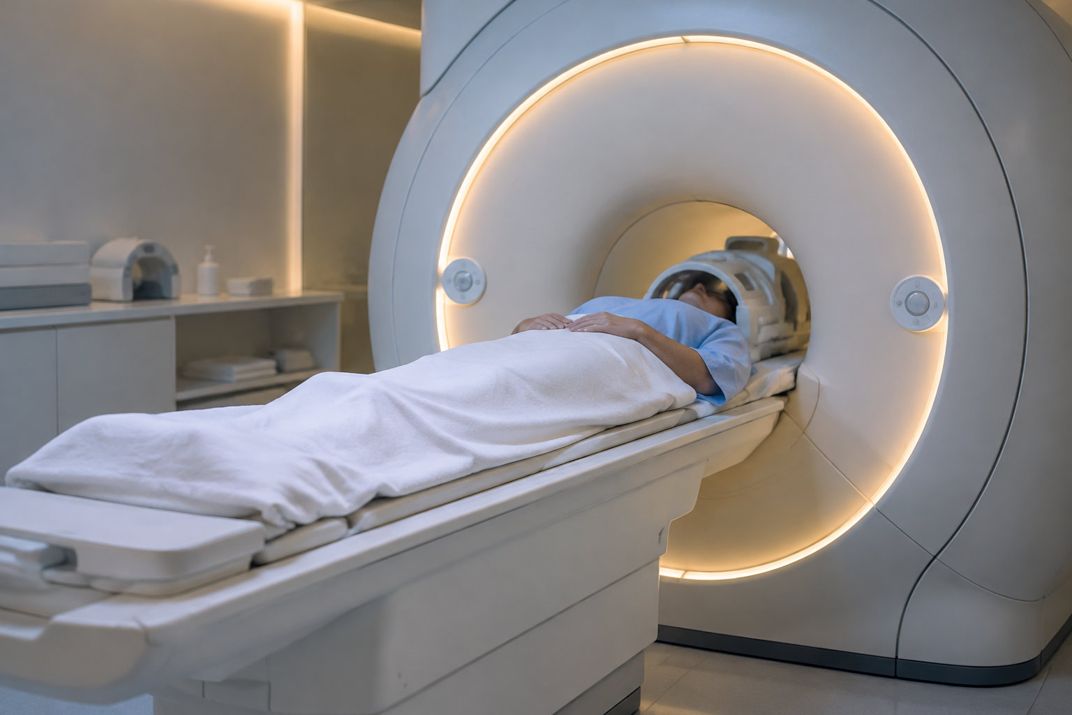 Une personne allongée sous une couverture sur la table d’un appareil d’imagerie médicale, dans une salle d’examen.